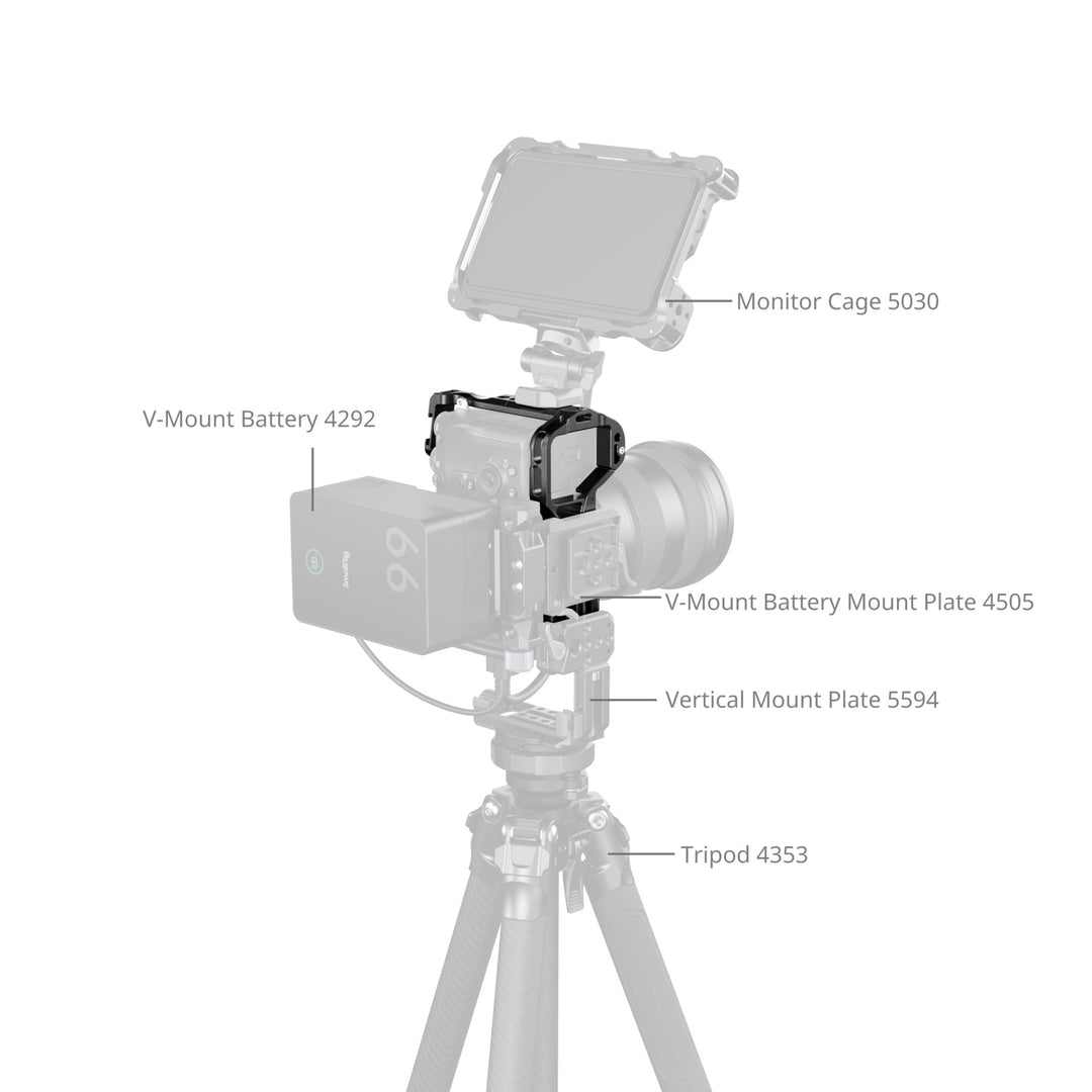 Product diagram illustrating SmallRig Sony full camera cage configured for vertical shooting with monitor cage 5030, V-mount battery 4292, battery mount plate 4505, vertical mount plate 5594, and tripod 4353.