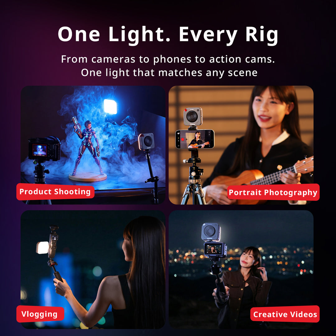 SmallRig pocket LED video light shown on multiple camera and phone rigs for vlogging, portrait photography, and product shooting.