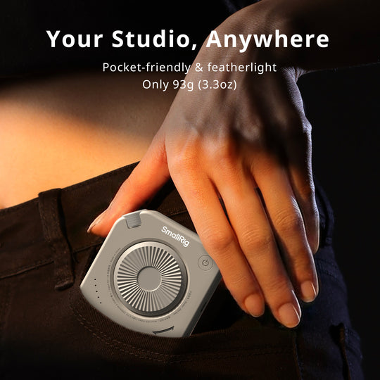 SmallRig compact square LED light fitting easily into a pants pocket to show its portable size.