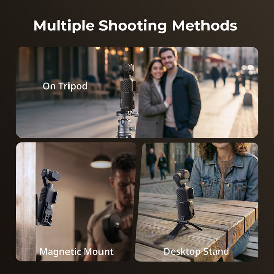SmallRig Mount Support for DJI Osmo Pocket 4 and 3 showing tripod, magnetic mount, and desktop stand shooting setups.