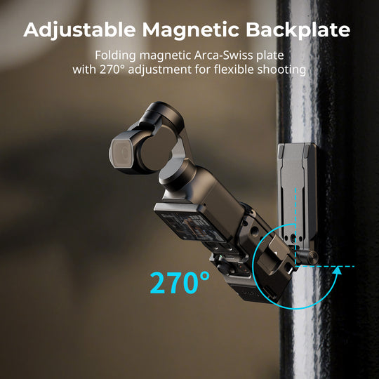 SmallRig Mount Support for DJI Osmo Pocket with a 270-degree folding magnetic Arca-Swiss backplate attached to a post.