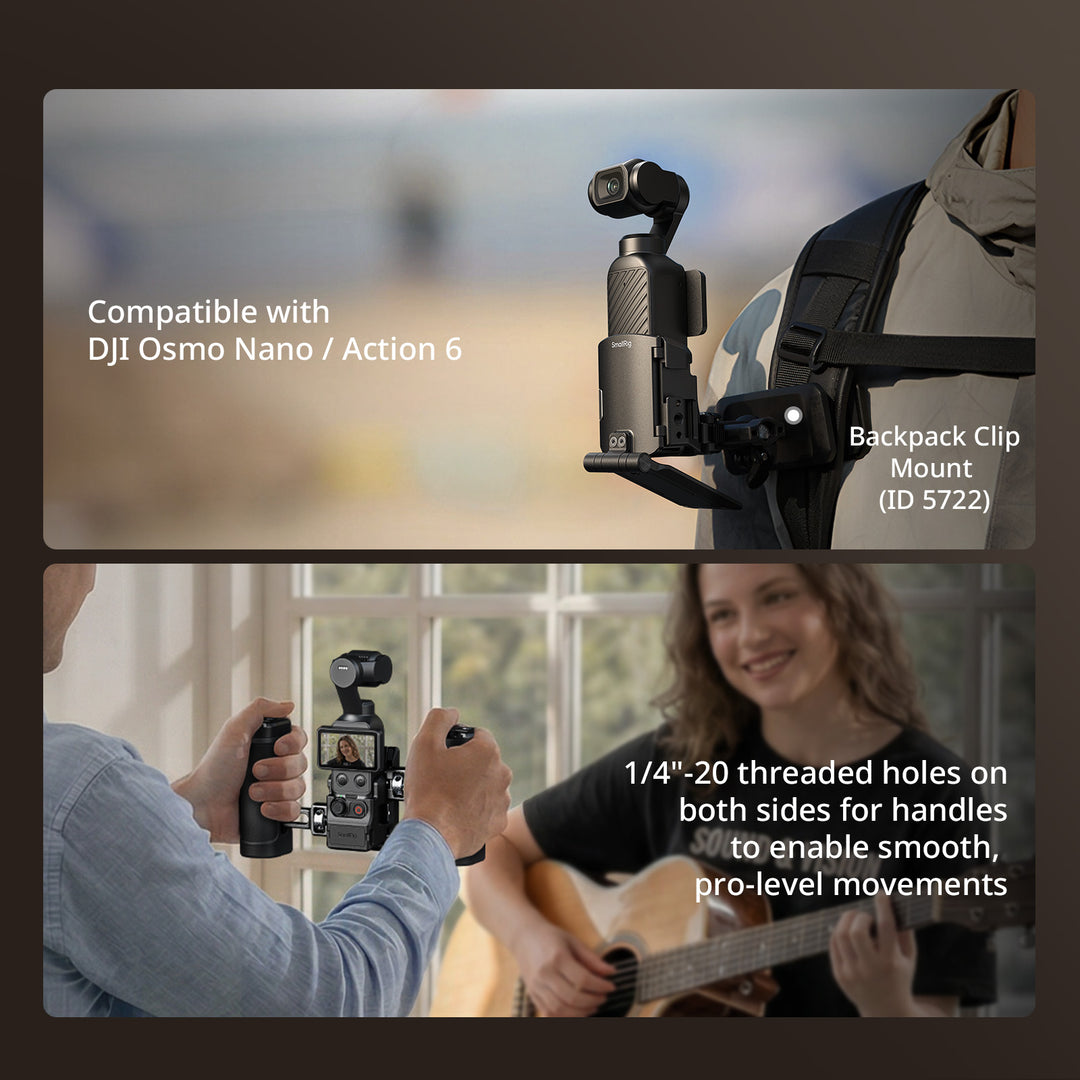 SmallRig Mount Support for DJI Osmo Pocket attached to a backpack clip and a dual-handle camera setup.
