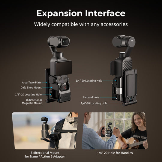 SmallRig Mount Support for DJI Osmo Pocket showcasing expansion features like Arca-Swiss plate, cold shoe, magnetic mount, and 1/4"-20 holes.