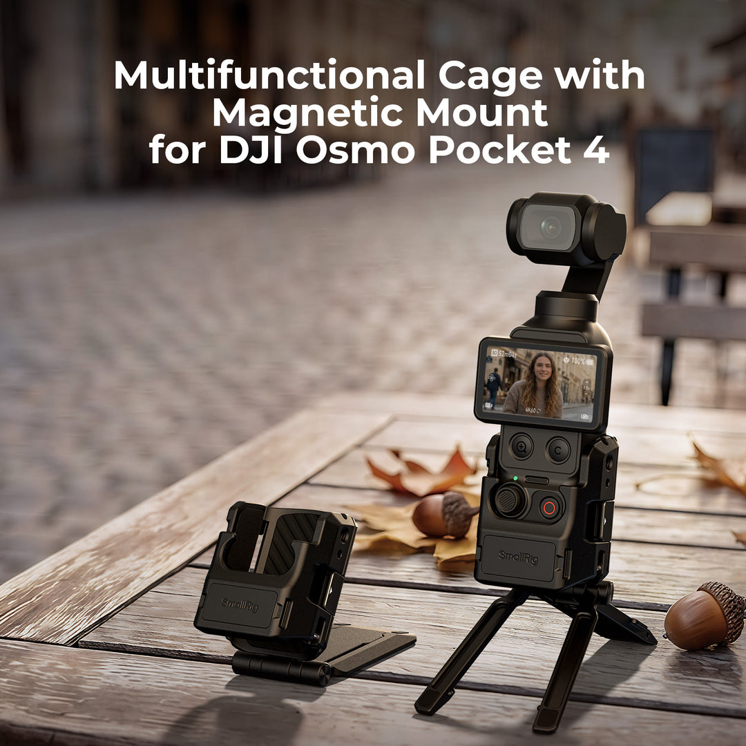 SmallRig Multifunctional Cage with Magnetic Mount for DJI Osmo Pocket 4 set up on a wooden table.