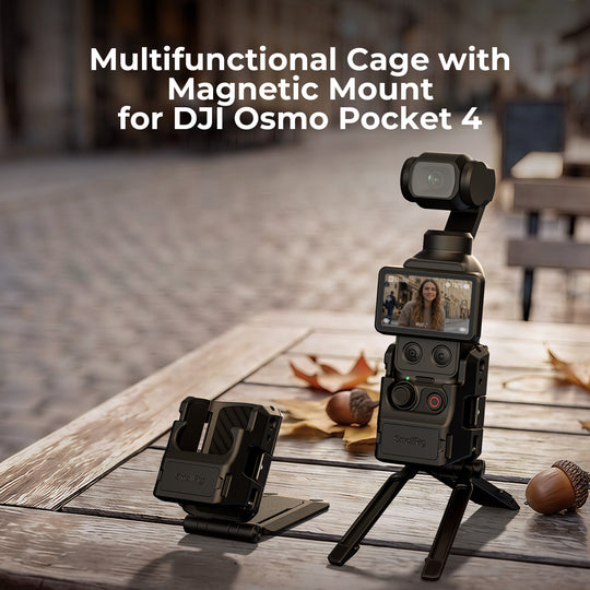SmallRig Multifunctional Cage with Magnetic Mount for DJI Osmo Pocket 4 set up on a wooden table.