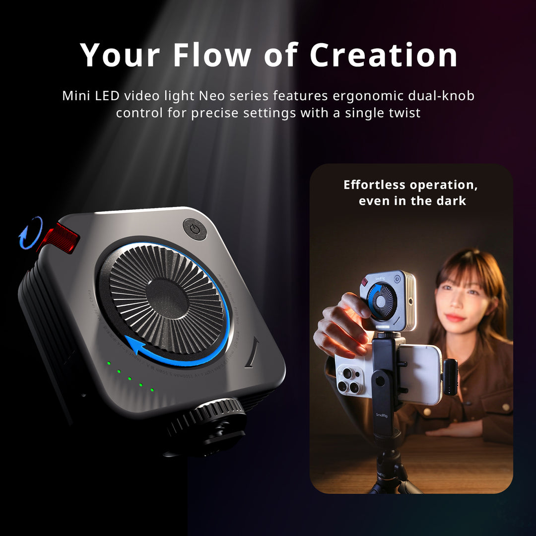 SmallRig mini LED video light promotional image highlighting the dual-knob interface and low-light operation on a smartphone rig.