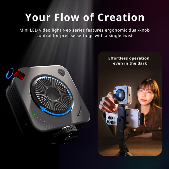 SmallRig mini LED video light promotional image highlighting the dual-knob interface and low-light operation on a smartphone rig.