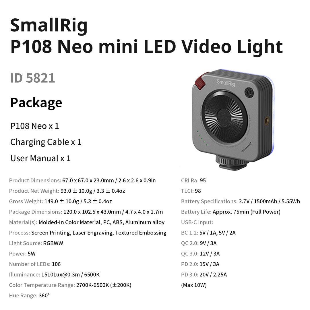 Technical specification sheet and package contents for the SmallRig P108 Neo mini LED video light.