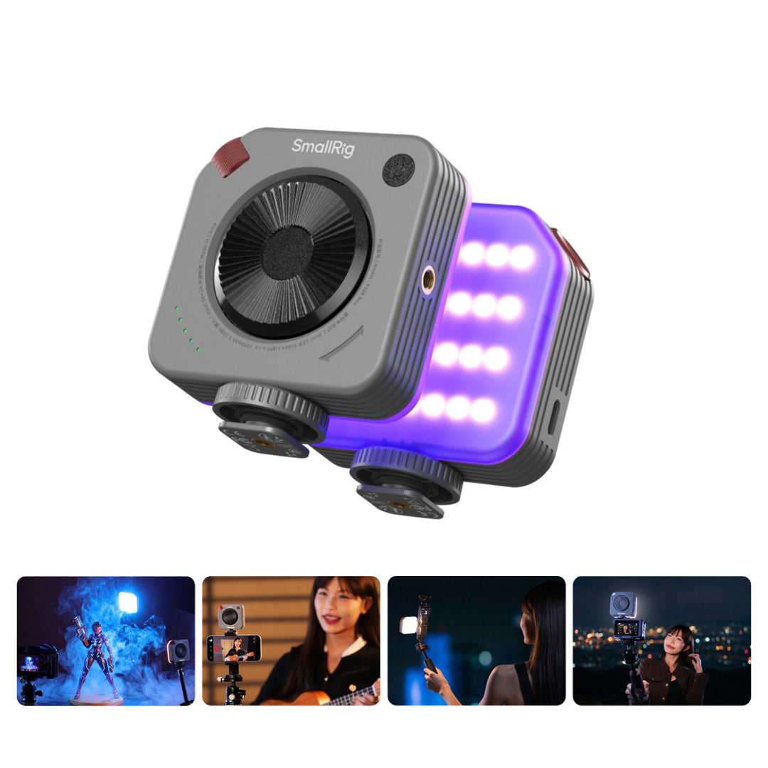 SmallRig P108 Neo mini LED video light showing the back dial and glowing purple LED panel, with examples of use cases for vlogging and creative lighting.
