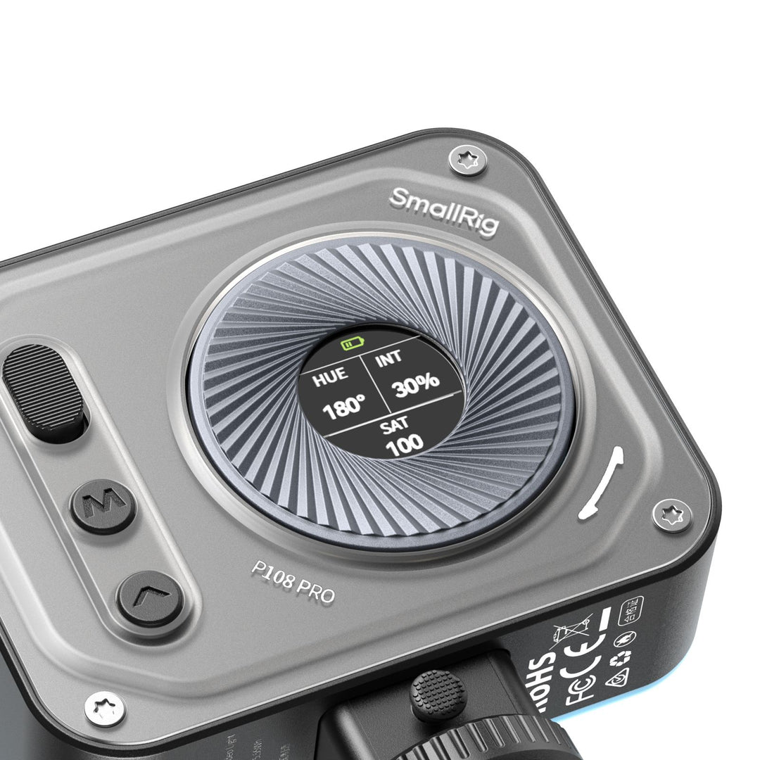 Close-up view of the SmallRig P108 Pro rear control ring and integrated digital status display.