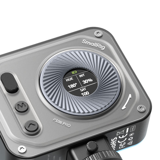 Close-up view of the SmallRig P108 Pro rear control ring and integrated digital status display.