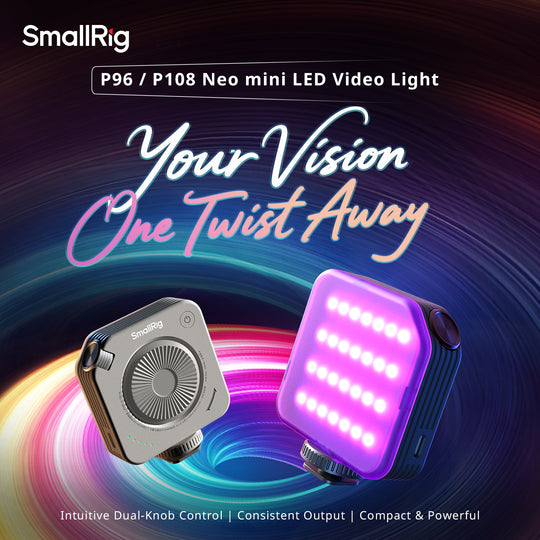 SmallRig promotional banner for the P96 and P108 Neo mini LED video light, featuring the text "Your Vision One Twist Away" against a vibrant swirl background.