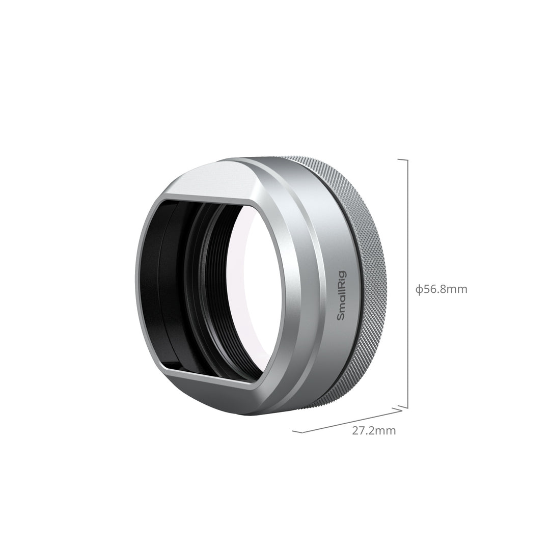 Dimensional diagram showing the 56.8mm diameter and 27.2mm depth of the SmallRig silver lens hood assembly.