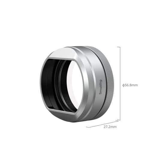Dimensional diagram showing the 56.8mm diameter and 27.2mm depth of the SmallRig silver lens hood assembly.