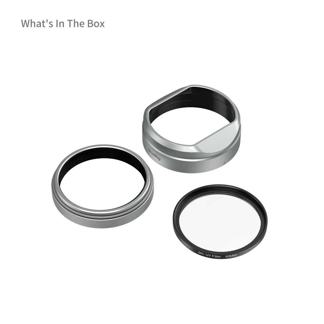Box contents showing SmallRig silver lens hood, adapter ring, and 49mm MC UV filter for FUJIFILM X100V and X100VI.