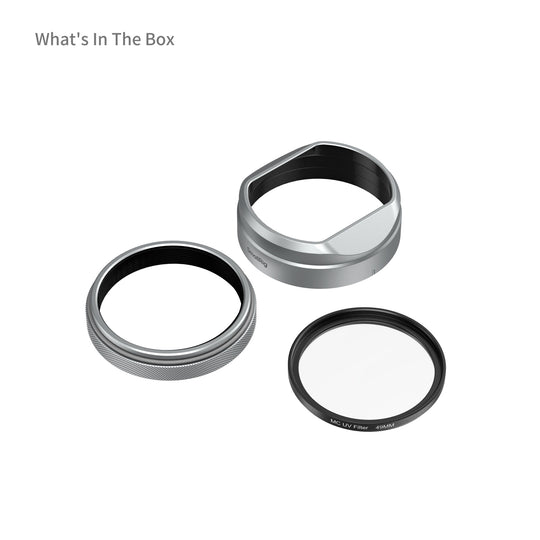 Box contents showing SmallRig silver lens hood, adapter ring, and 49mm MC UV filter for FUJIFILM X100V and X100VI.