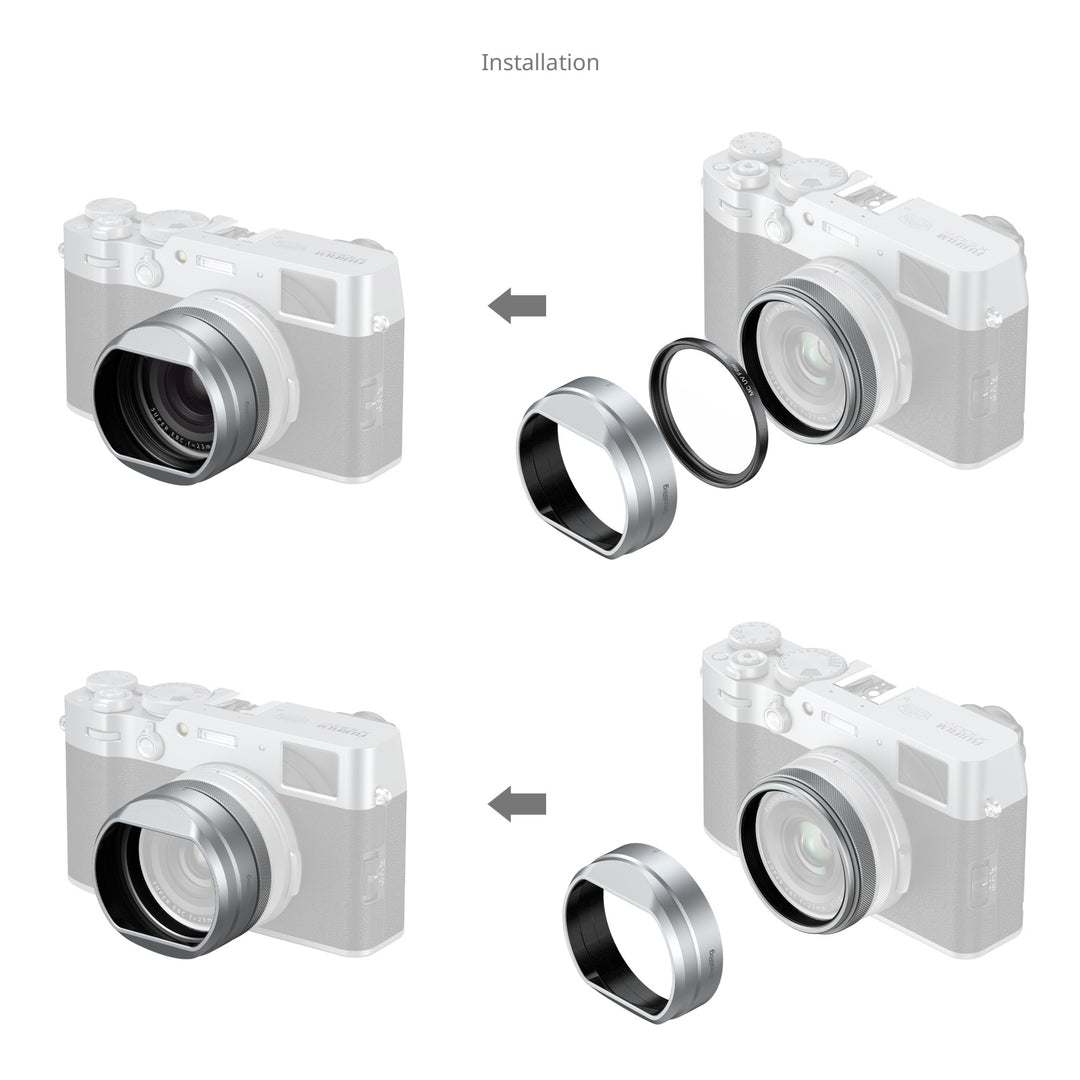 Diagram illustrating step-by-step installation options for attaching the SmallRig lens hood and UV filter onto FUJIFILM X100 series cameras.