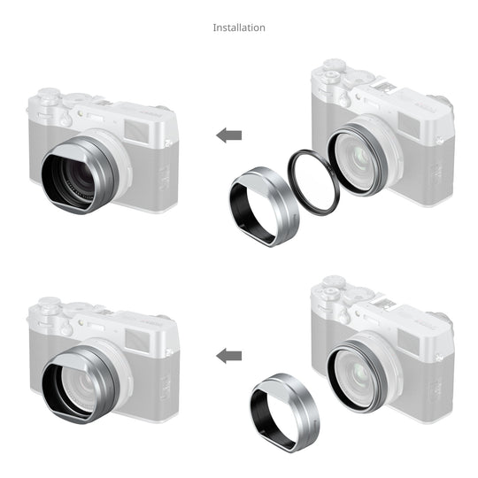 Diagram illustrating step-by-step installation options for attaching the SmallRig lens hood and UV filter onto FUJIFILM X100 series cameras.