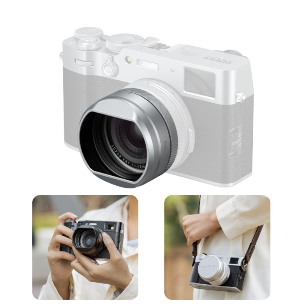 Product overview collage featuring SmallRig silver lens hood mounted on a FUJIFILM X100 series camera with lifestyle shooting examples.