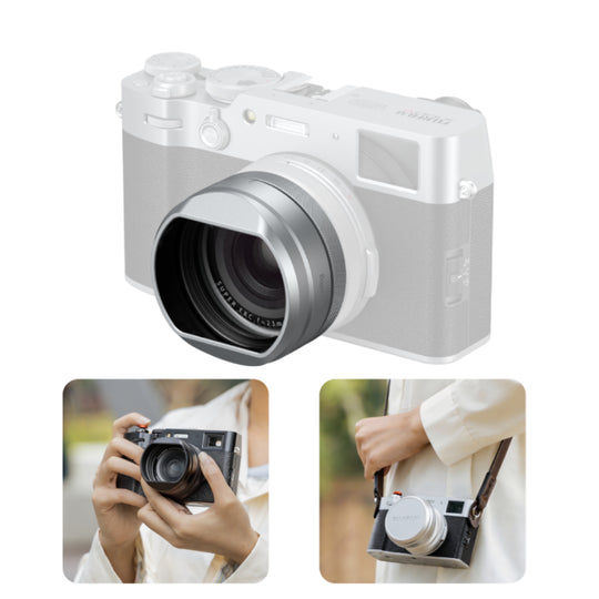 Product overview collage featuring SmallRig silver lens hood mounted on a FUJIFILM X100 series camera with lifestyle shooting examples.
