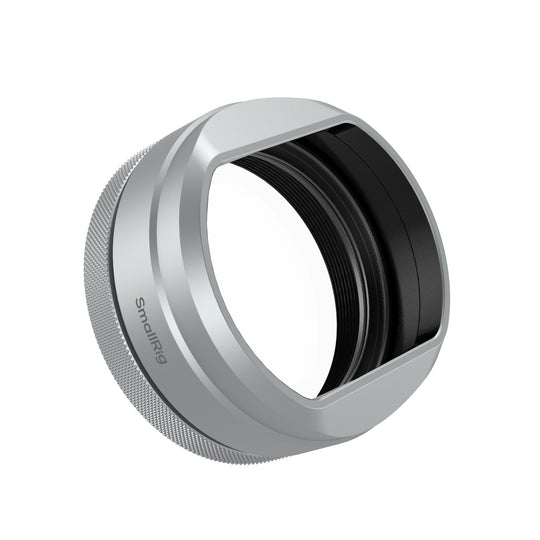Close-up studio view of SmallRig silver aluminum lens hood and UV filter assembly for FUJIFILM X100V and X100VI.