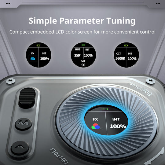 SmallRig P108 Pro mini LED video light interface detailing the circular LCD color screen parameter tuning features.