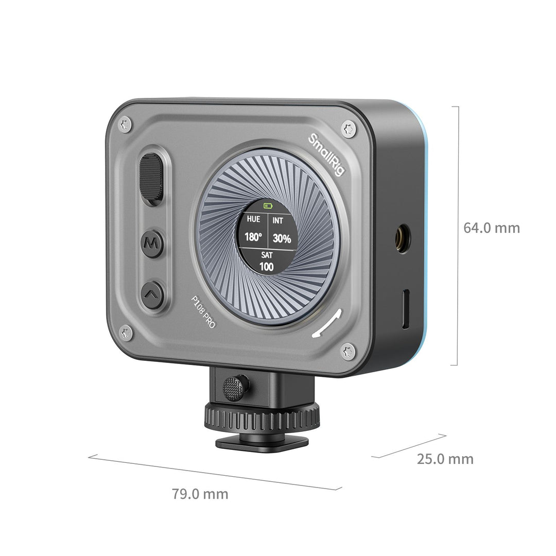SmallRig P108 Pro mini LED video light diagram showing height, width, and depth measurements in millimeters.