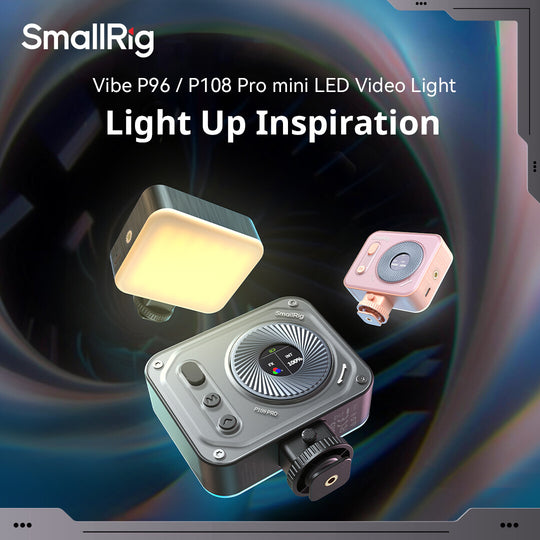 SmallRig Vibe P96 and P108 Pro mini LED video lights showcased on a stylized swirling background with the headline "Light Up Inspiration.