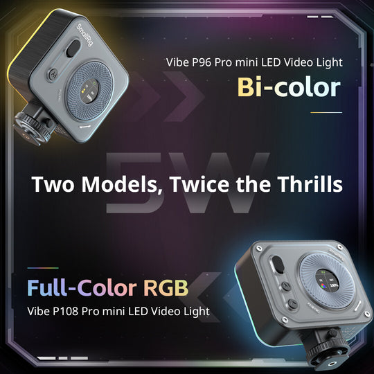 SmallRig Vibe Pro mini LED video light banner displaying the P96 Pro Bi-color model and the P108 Pro Full-Color RGB model.