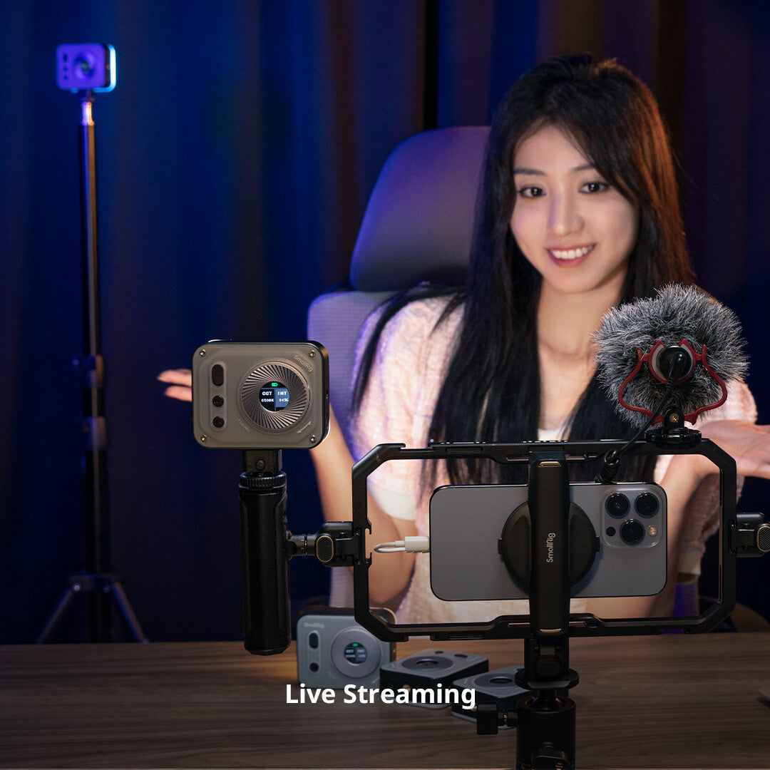 SmallRig Pro mini LED video light mounted on a smartphone rig setup for live streaming.