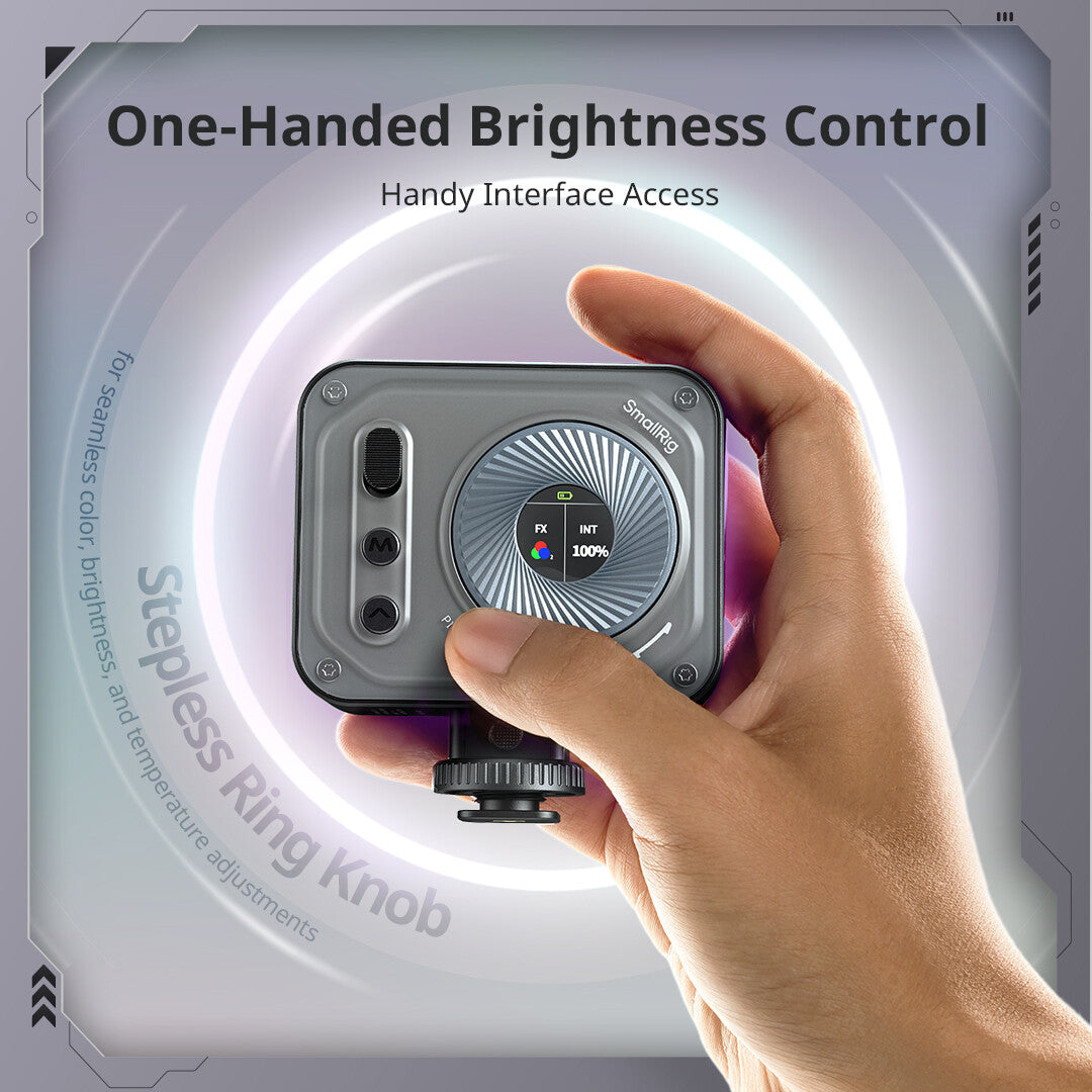 SmallRig mini LED video light interface being adjusted with one hand, highlighting the stepless control ring and center display.