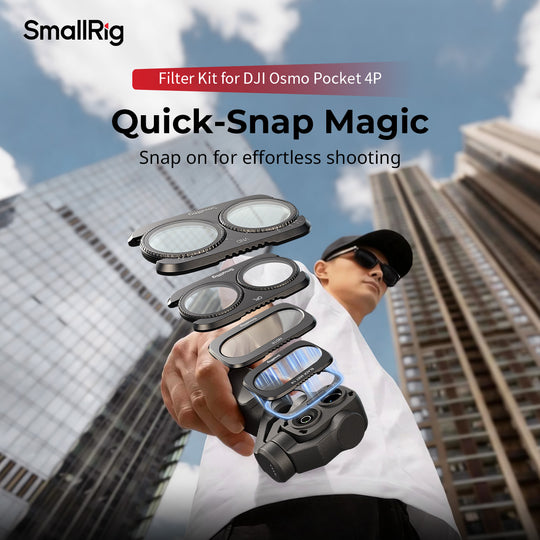 SmallRig VND, Diffusion &amp; CPL Split Filter Kit for DJI Osmo Pocket 4P showing quick-snap magnetic installation.