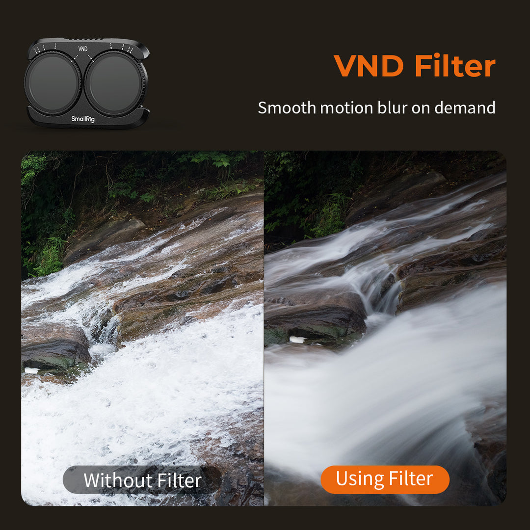 Side-by-side comparison showing smooth motion blur effect on a waterfall using the SmallRig VND Filter for DJI Osmo Pocket 4P.