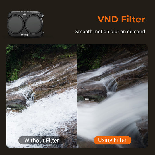 Side-by-side comparison showing smooth motion blur effect on a waterfall using the SmallRig VND Filter for DJI Osmo Pocket 4P.