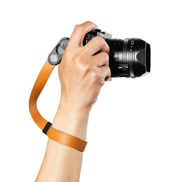 Hand holding a camera with a brown leather strap on a white background