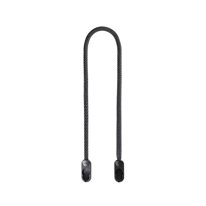 Black braided lanyard with metal ends on a white background