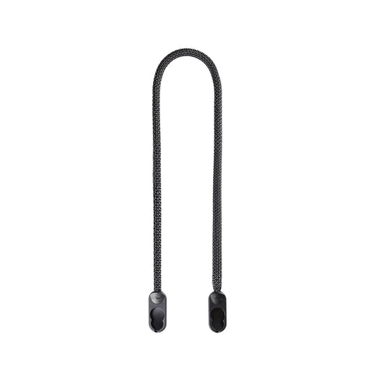 Black braided lanyard with metal ends on a white background