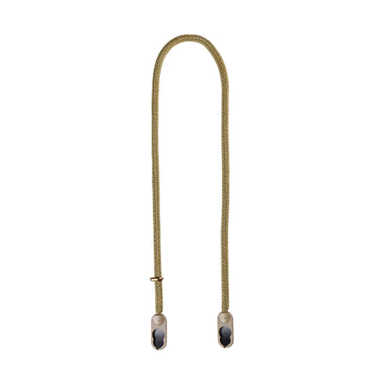 Gold-colored lanyard with metal ends on a white background