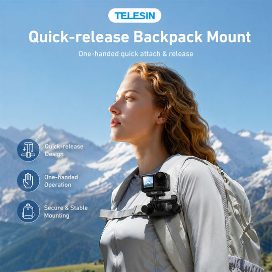 A woman wearing a backpack outdoors in front of snowy mountains, with a Telesin quick-release backpack mount attached to her backpack. Text on the image highlights the quick-release design, one-handed operation, and secure mounting.
