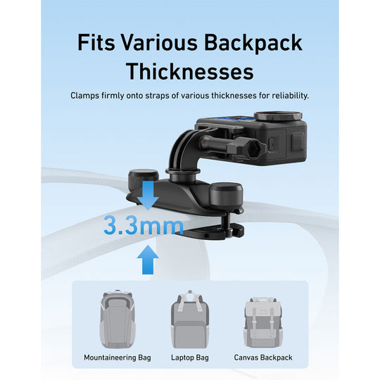 An infographic showing a black backpack strap clamp accessory with text reading &