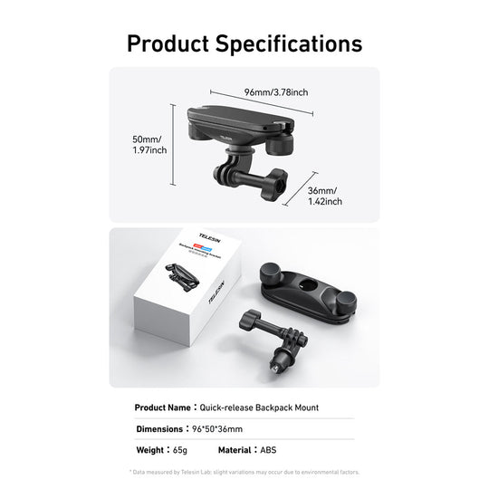 Product specifications graphic for a quick-release backpack mount, showing the product dimensions (96mm x 50mm x 36mm), weight (45g), and material (ABS) alongside a photo of the black mount, its white box, and the hardware on a light gray background.