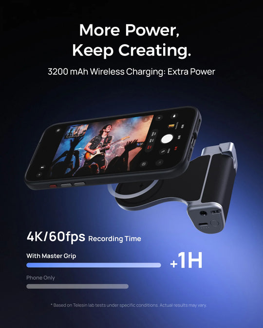 Telesin Master Grip showing 3200mAh wireless charging capability providing extra recording power for iPhone.