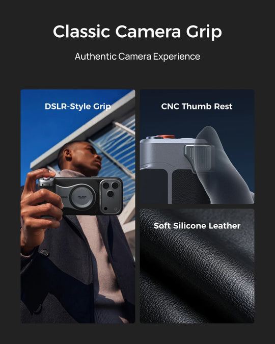 Telesin Master Grip detailing DSLR-style ergonomic grip, CNC thumb rest, and soft silicone leather texture.