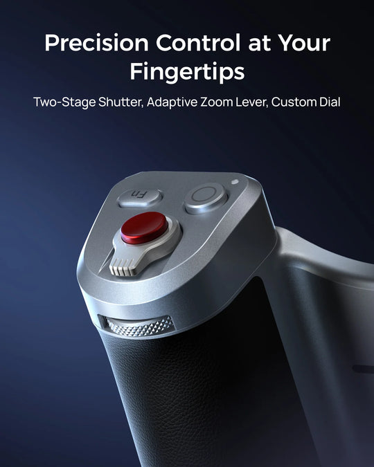 Close-up of Telesin Master Grip controls featuring a two-stage shutter button, adaptive zoom lever, custom dial, and Fn button.