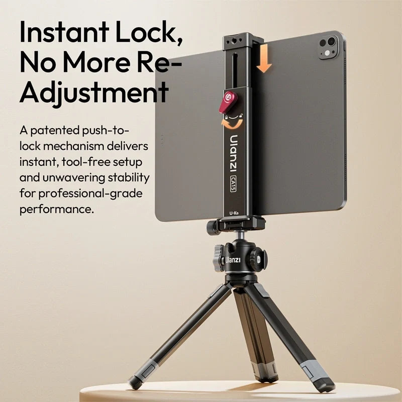 Ulanzi CA15 OneLock tablet clamp with push-to-lock mechanism holding a tablet on a tabletop tripod.