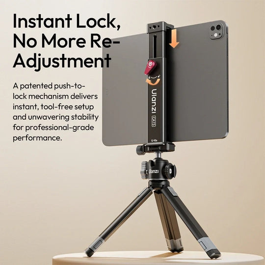 Ulanzi CA15 OneLock tablet clamp with push-to-lock mechanism holding a tablet on a tabletop tripod.
