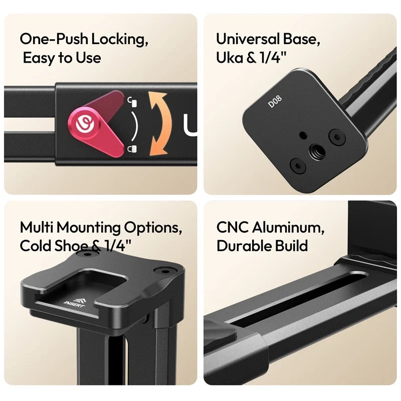 Four-panel breakdown highlighting the Ulanzi CA15 OneLock key features including one-push lock lever, Uka and 1/4-inch base, cold shoe mount, and CNC aluminum construction.