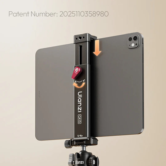 Ulanzi CA15 OneLock tablet clamp holder with a quick-release locking lever holding an iPad mounted on a tripod.