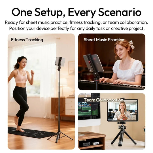 Three-panel view showing the Ulanzi CA15 OneLock tablet clamp used for fitness tracking, sheet music practice, and team collaboration video calls.