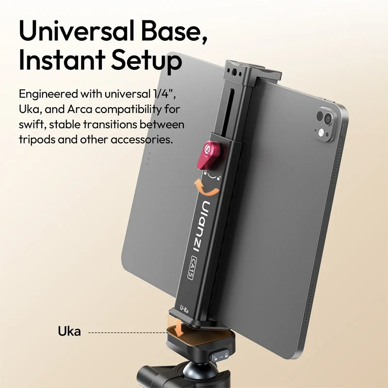 Ulanzi CA15 OneLock tablet clamp mounted via Uka quick-release base compatible with Arca-Swiss and 1/4 inch threads.